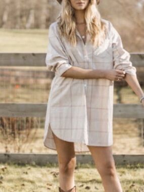 Jackson Rowe The Beau Dress Cream & Dusty Rose Plaid Shirt Dress Size Small